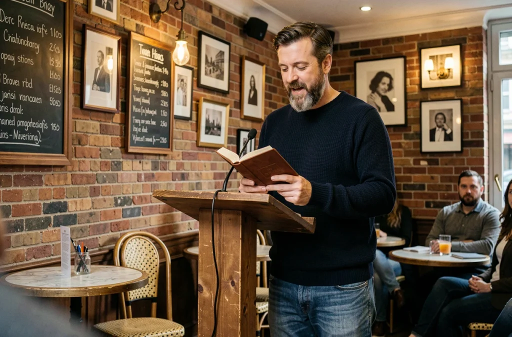 Poète récitant ses vers rythmés lors d'une soirée de lecture dans un café littéraire parisien
