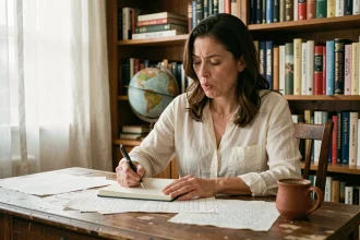 Poétesse en train d'ajuster la rime et le rythme de ses vers dans un bureau bibliothèque chaleureux