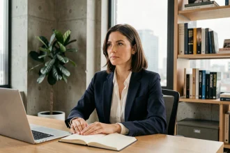 Femme professionnelle en blazer marine assise à un bureau moderne regardant vers une fenêtre urbaine, évoquant une transition de carrière réfléchie