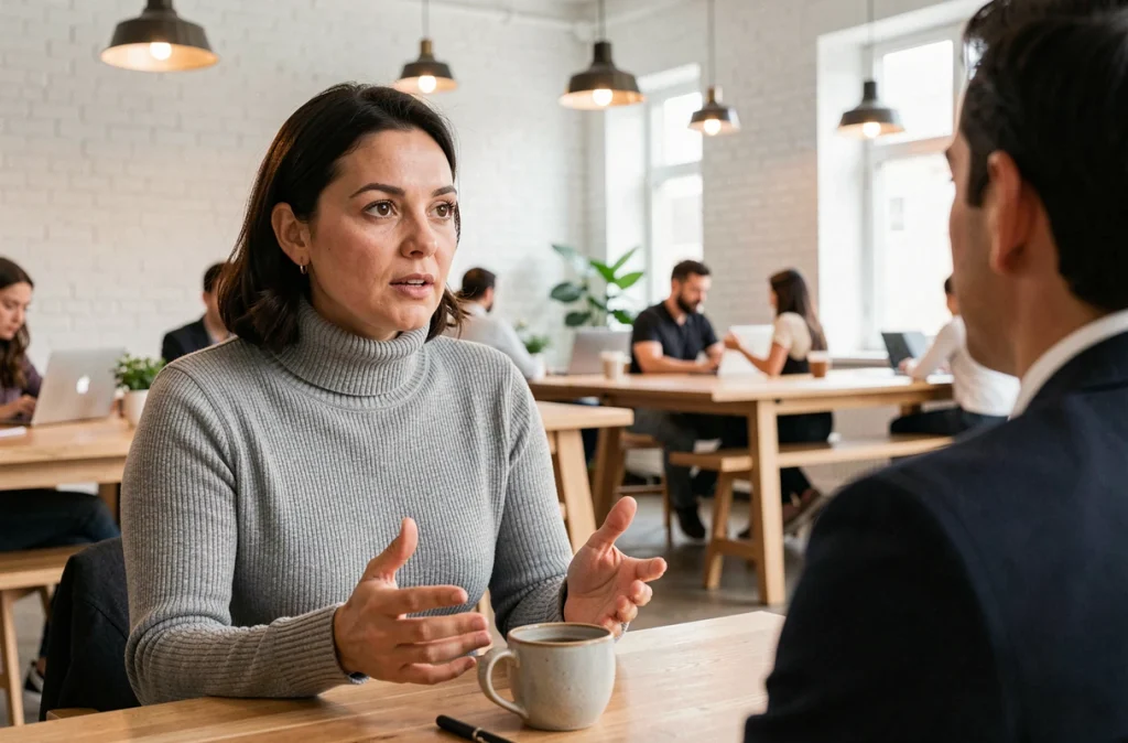Femme en pull gris discutant avec animation dans un espace de co-working, illustrant le partage d'expérience et la transformation de carrière
