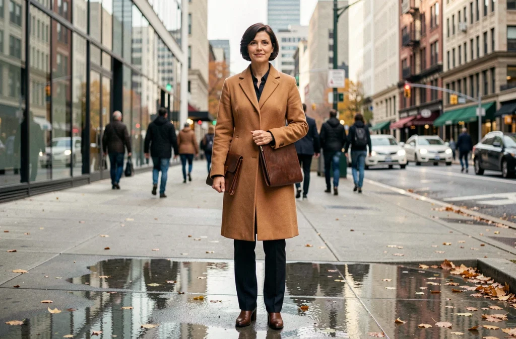 Femme en manteau camel tenant un portfolio dans une rue urbaine mouillée, symbolisant visibilité et progression professionnelle dans le domaine de la carrière