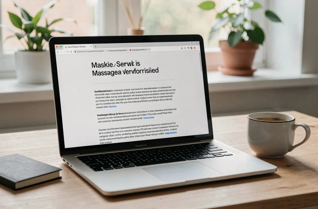 Rédaction d'une petite annonce massage sur ordinateur portable dans un espace de travail calme