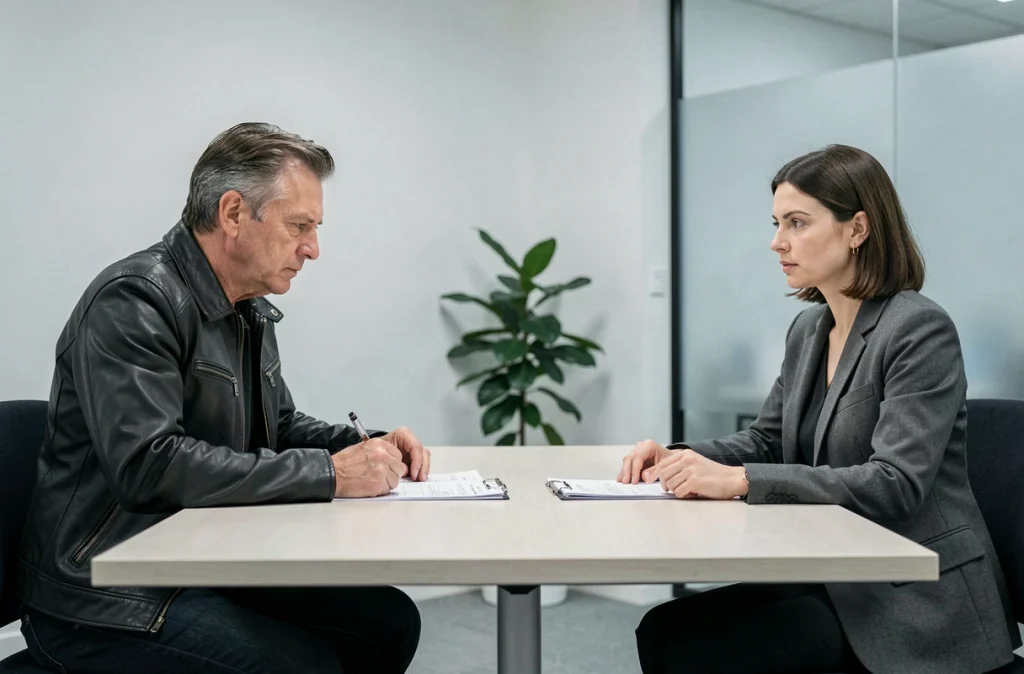 Homme en blouson noir et femme en veste grise face à face dans une salle de réunion, illustrant une rencontre politique controversée