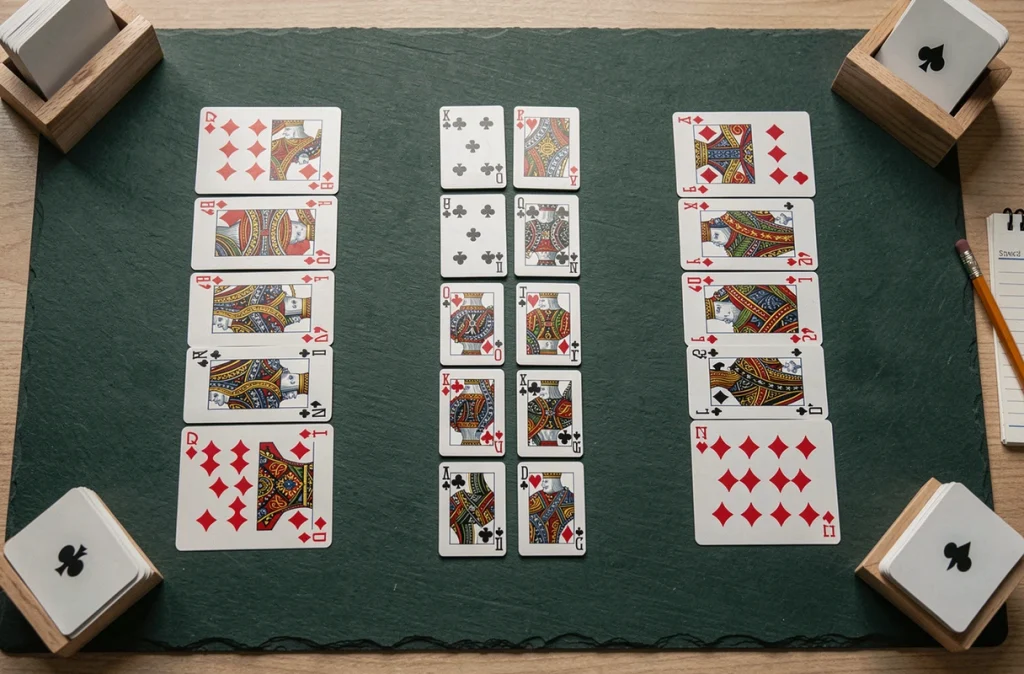 Vue aérienne d'une partie de crapette avec cartes en colonnes, piles centrales et tapis de jeu vert, règles illustrées par la disposition des cartes