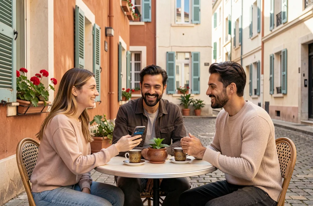 Groupe d'amis écoutant Radio Gazelle en direct sur smartphone autour d'un thé à la menthe en terrasse de café à Marseille