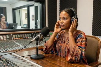 Animatrice radio d'origine nord-africaine en kaftan coloré devant un micro de studio à Marseille, illustrant Radio Gazelle émissions orientales en direct