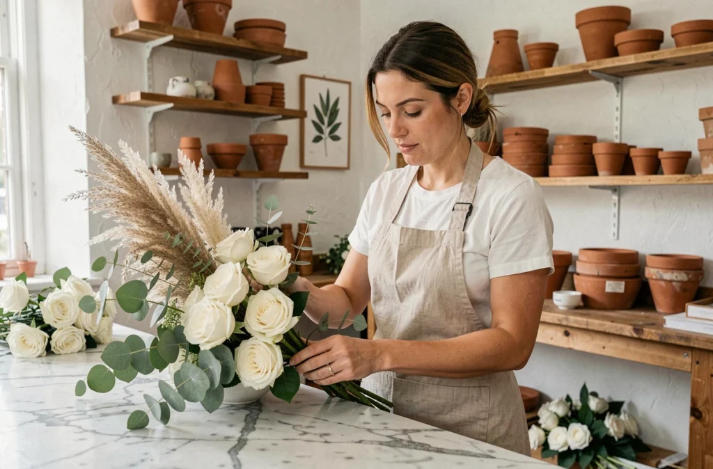 Fleuriste de l'Atelier du Fleuriste en tablier de lin arrangeant un bouquet élégant sur un plan de travail en marbre