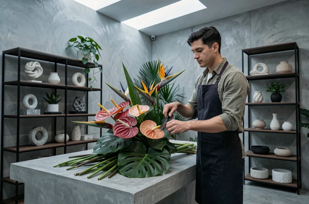 Fleuriste de l'Atelier Gappe taillant les tiges d'une composition tropicale dans un atelier contemporain au décor minimaliste