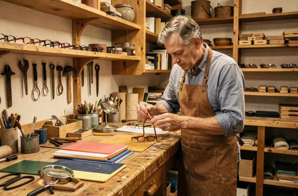 Lunetier artisanal des Ateliers de la Vue à Puteaux façonnant une monture en acétate à son établi