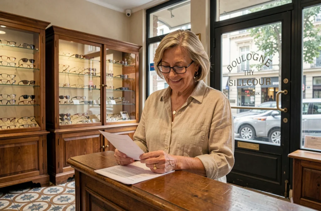 Opticienne indépendante Balouzat à Boulogne-Billancourt derrière son comptoir en bois avec présentoir de montures