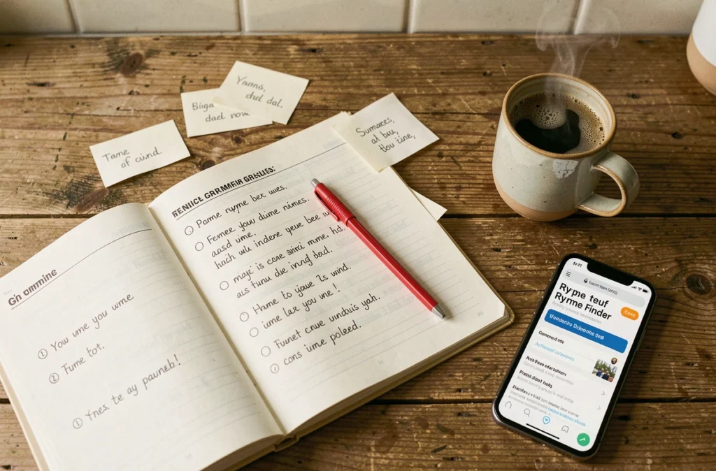 Vue aérienne d'un cahier de français ouvert avec un exercice de rimes complété, un stylo rouge et des notes manuscrites sur une table en bois