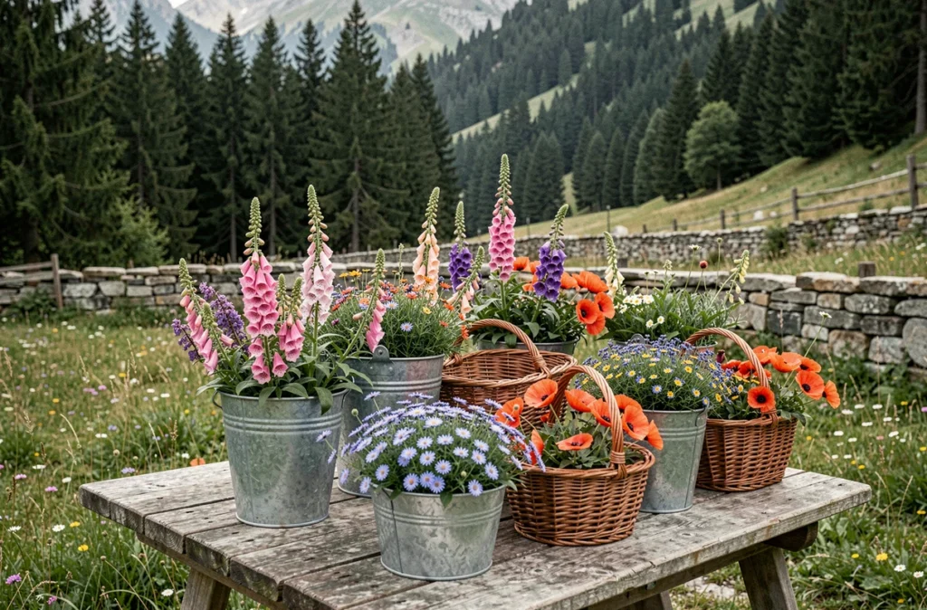 Étal de fleurs sauvages en plein air de Combe Sauvage avec des bouquets champêtres dans des seaux en métal au milieu d'un paysage alpin