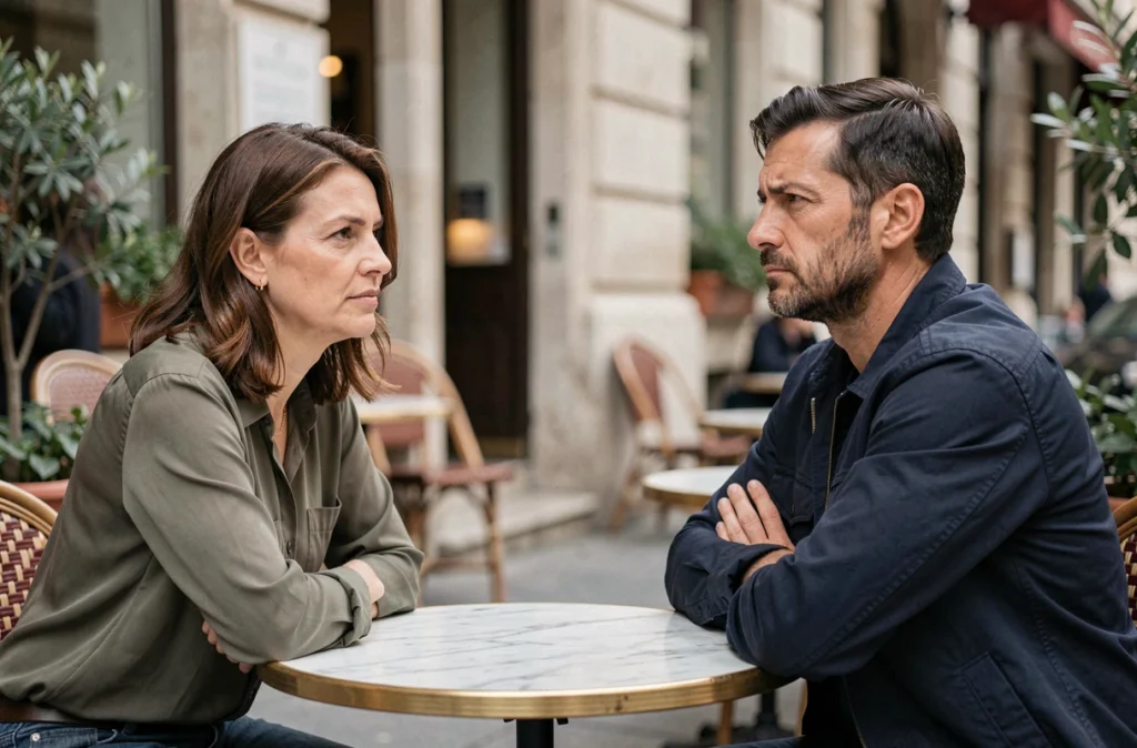 Couple en tension dans un café parisien, une femme posant ses limites face à un partenaire narcissique qui détourne le regard