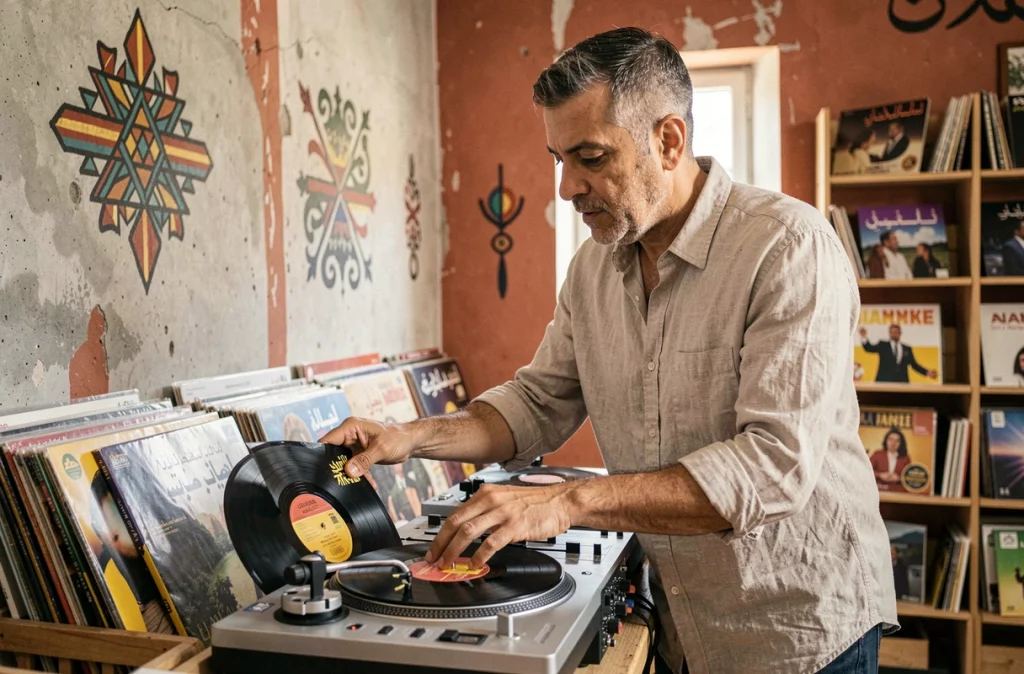 DJ d'origine algérienne sélectionnant un vinyle de musique orientale dans un centre culturel de Marseille, univers de Radio Gazelle et musique rai