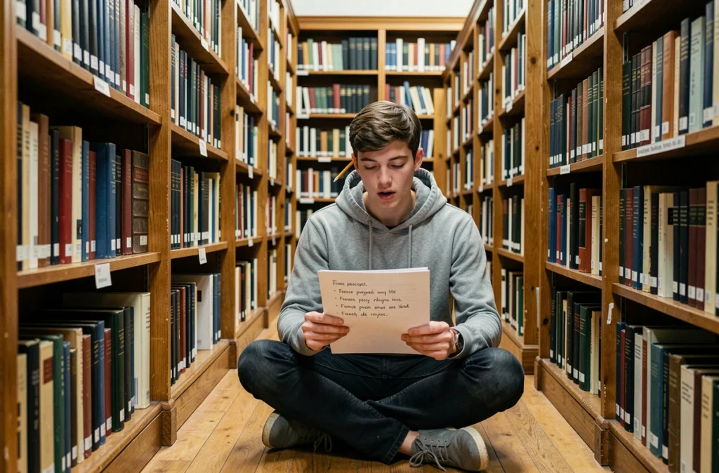 Jeune étudiant qui révise des exercices de rimes en poésie française assis entre les rayons d'une bibliothèque