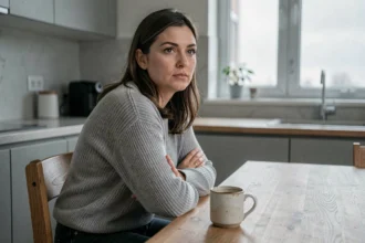 Femme seule à une table de cuisine fixant le vide après avoir posé ses limites face à un comportement narcissique