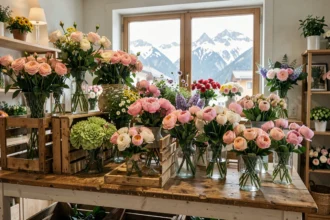 Intérieur d'une boutique de fleuriste en Haute-Savoie avec des compositions florales variées et une vue sur les montagnes