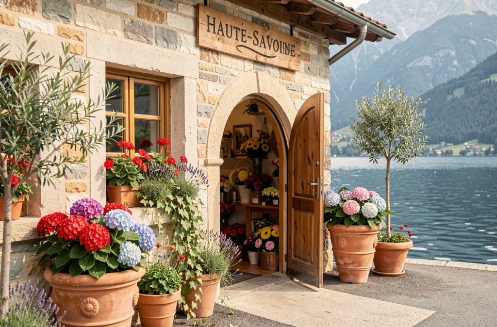 Façade de la boutique Fleurs et Plantes du Lac en Haute-Savoie avec vue sur un lac alpin et jardinières fleuries