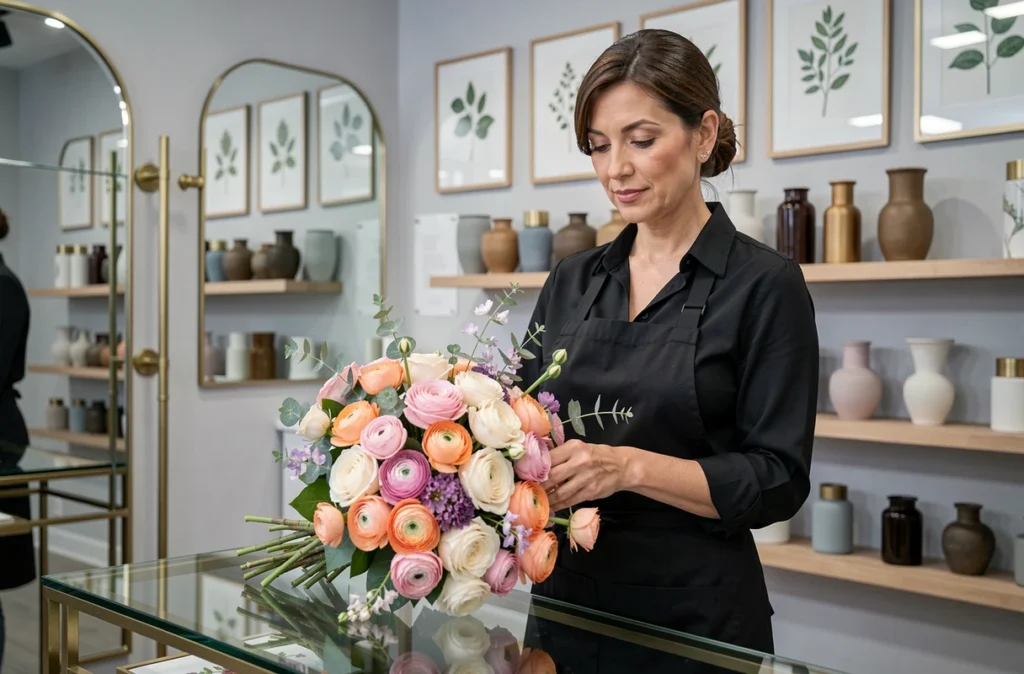 Fleuriste de Fleurs & Style composant un bouquet de mariée raffiné dans une boutique haut de gamme aux reflets dorés