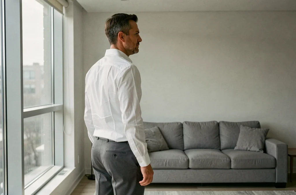 Homme au comportement narcissique silencieux se détournant dans un salon minimaliste après avoir reçu des limites claires