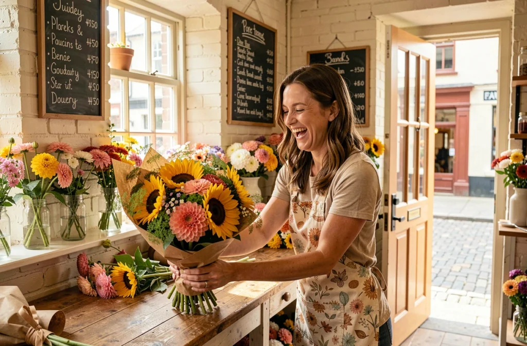 Fleuriste de Jour de Fleur'aison souriant en emballant un bouquet de tournesols et dahlias dans une boutique chaleureuse