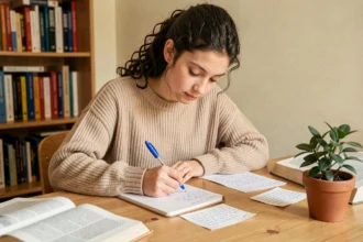 Adolescente concentrée qui écrit dans un cahier de français à son bureau avec des manuels scolaires ouverts
