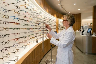 Intérieur d'une boutique d'opticien moderne dans les Hauts-de-Seine avec mur de montures et opticienne professionnelle