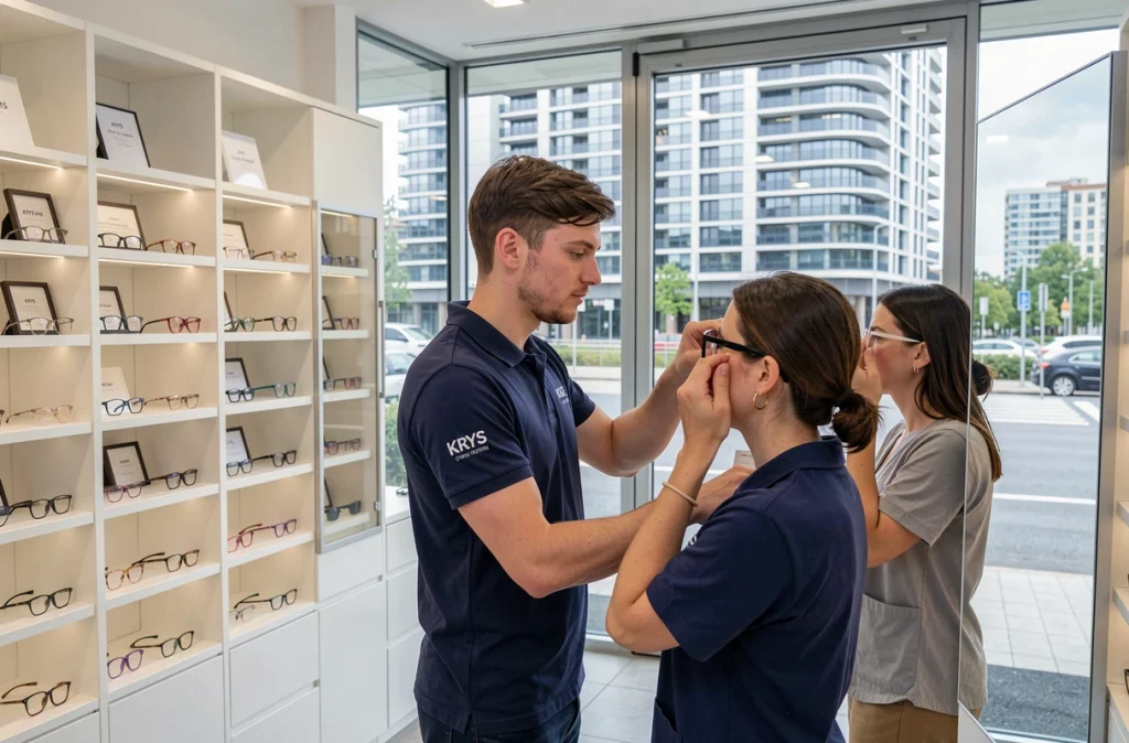 Opticien Krys à la Terrasse de l'Arche de Nanterre aidant une cliente à essayer des lunettes en magasin