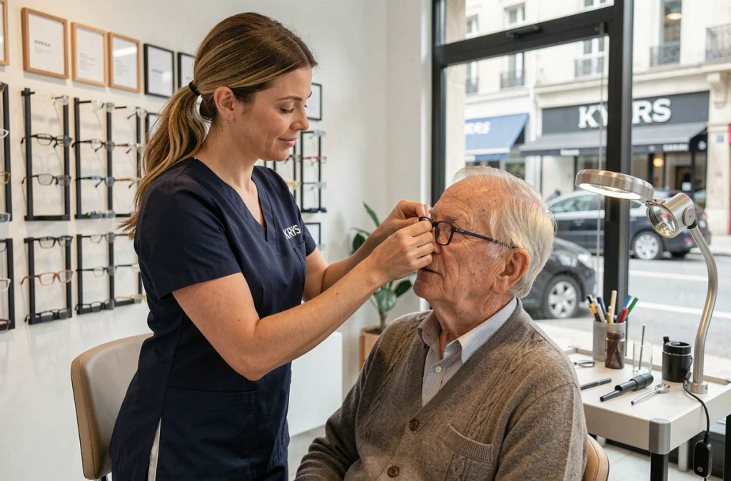 Opticienne Krys Bardin à Puteaux ajustant les plaquettes de lunettes sur un client âgé