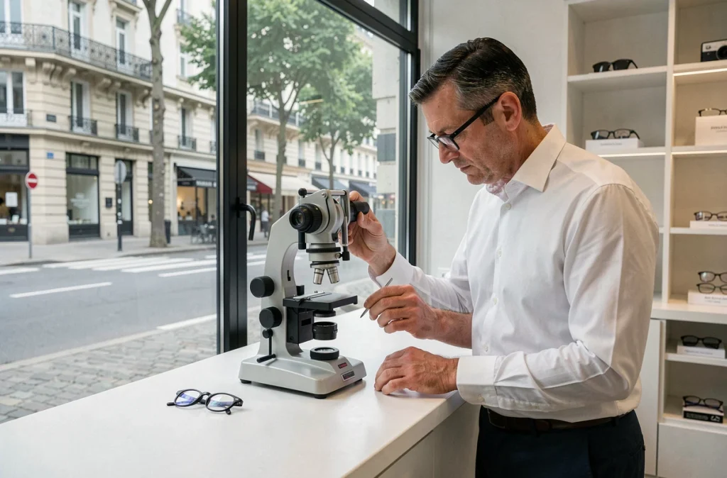 Opticien conseil boulevard Jean Jaurès avec lensomètre et vue sur le boulevard haussmannien en arrière-plan