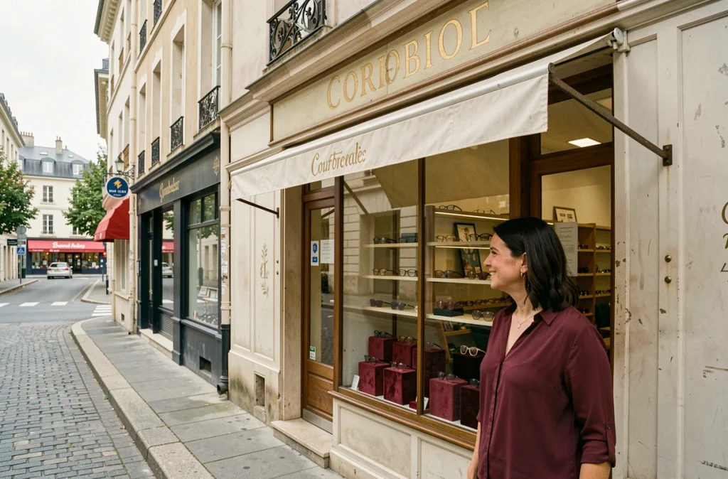 Opticienne de quartier Optique Sainte Marie à Courbevoie accueillant un client devant sa devanture traditionnelle
