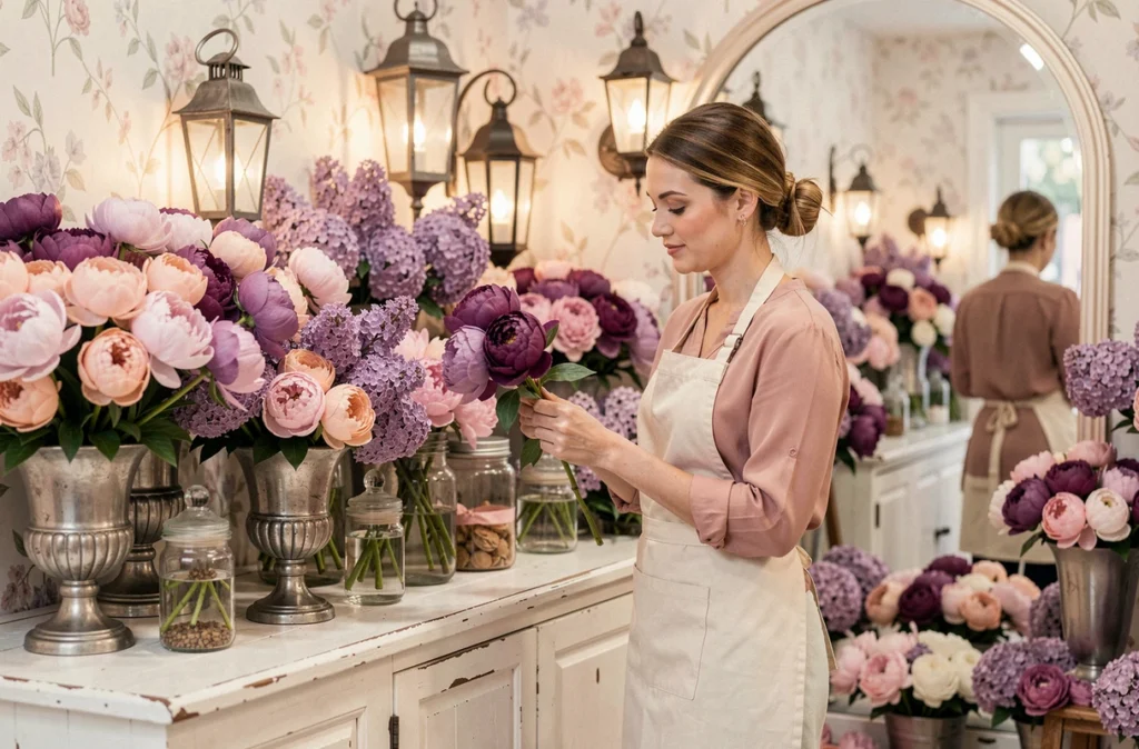 Fleuriste de Pivoine & Lilas sélectionnant une pivoine parmi des compositions de pivoines et lilas dans une boutique romantique vintage