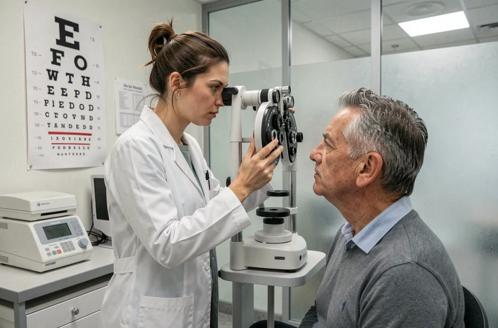 Optométriste de TOUT'Optique Nanterre réalisant un examen de vue avec phoroptère sur un patient