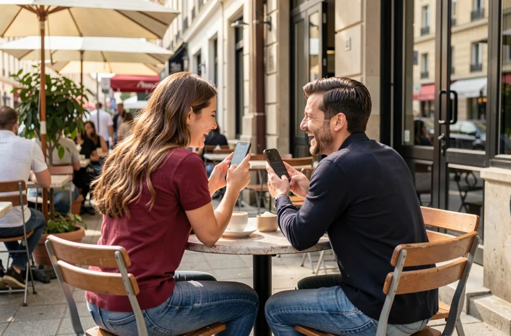 Deux amis qui rient devant un téléphone à la terrasse d'un café