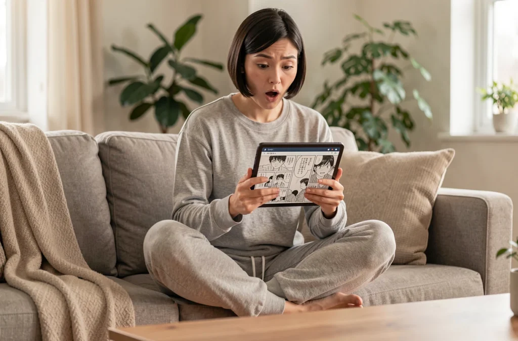 Femme surprise découvrant les révélations du chapitre 1134 de One Piece sur sa tablette dans un salon confortable