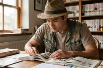 Lecteur passionné de manga étudiant attentivement le scan du chapitre 1134 de One Piece sur son bureau encombré de volumes et de notes