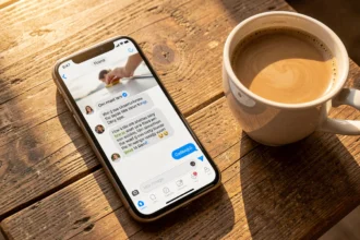 Smartphone posé près d'une tasse de café avec un message affiché