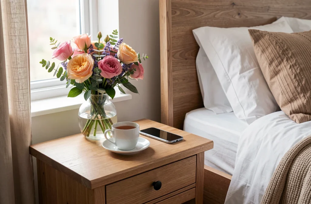 Table de chevet avec fleurs, tasse de thé et téléphone dans une chambre lumineuse